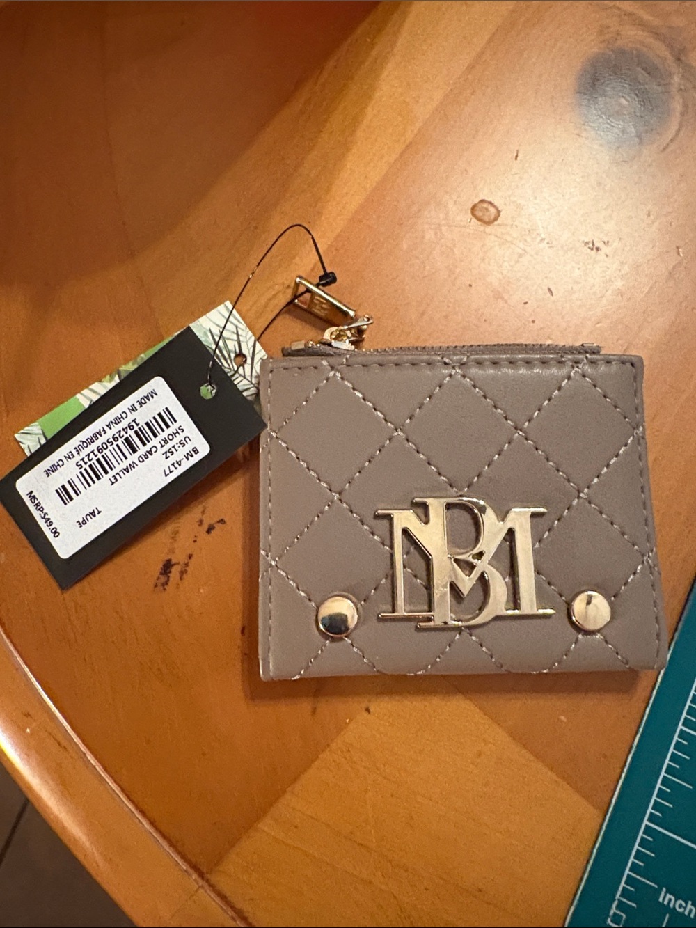 Badgley Mischka Quilted Taupe Card & Key Holder with Gold Hardware